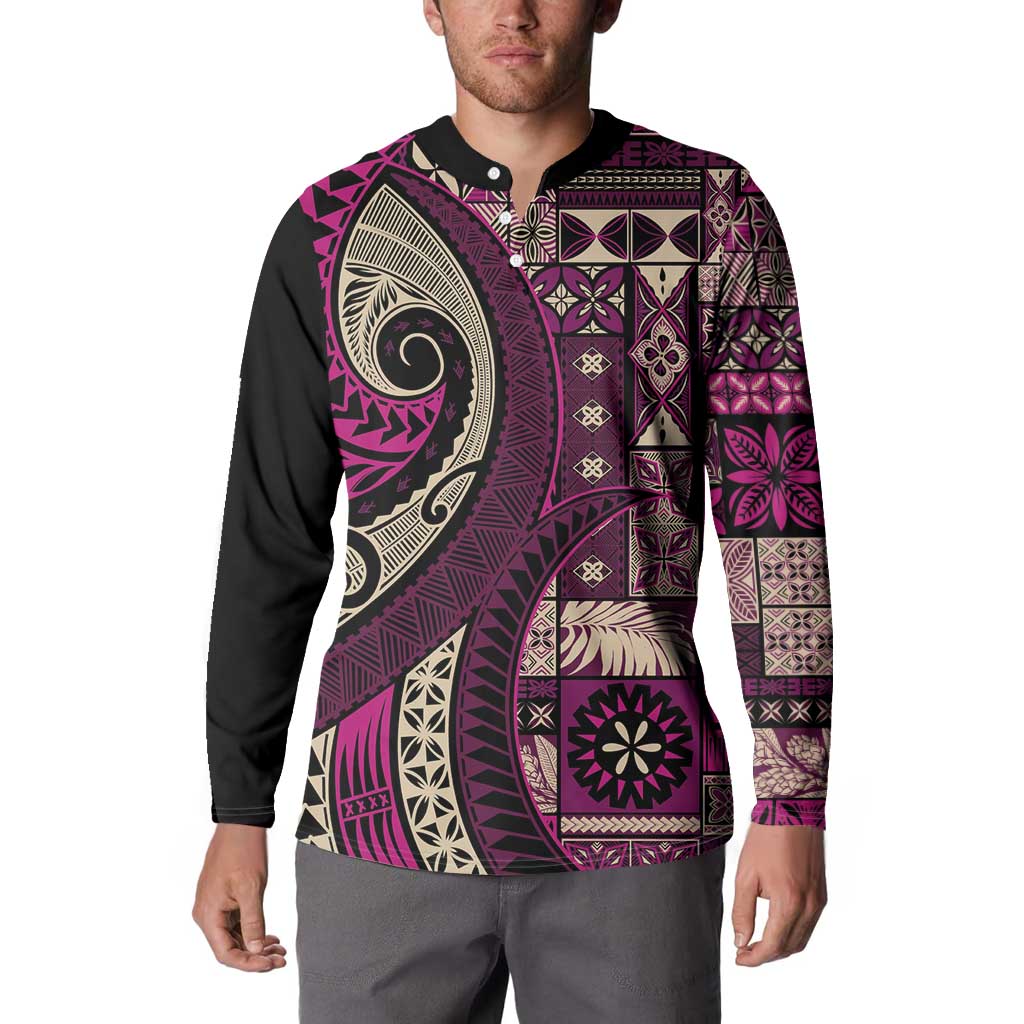 Vintage Samoa Siapo Mamanu Button Sweatshirt Pink Samoan Tapa Motif - Polynesian Pride