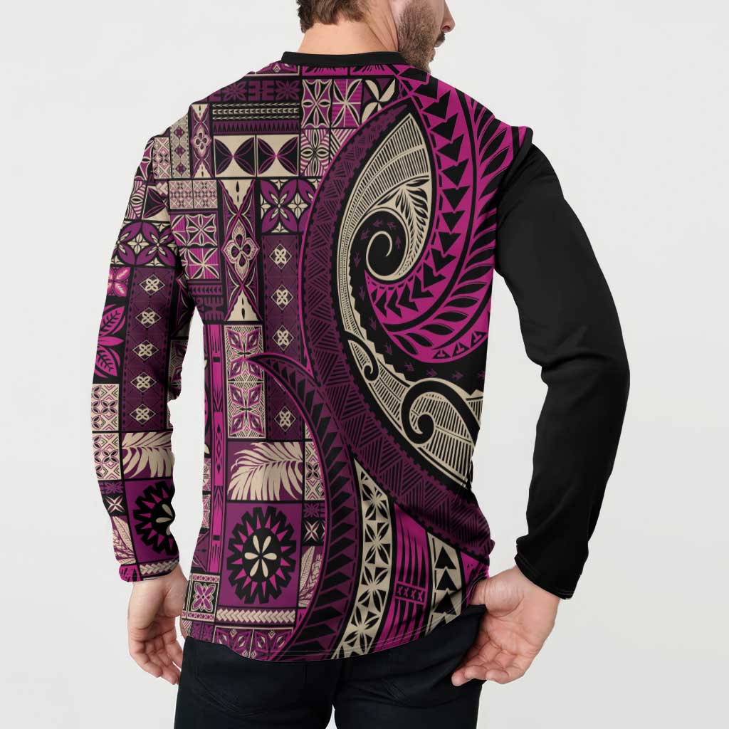 Vintage Samoa Siapo Mamanu Button Sweatshirt Pink Samoan Tapa Motif - Polynesian Pride
