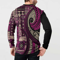 Vintage Samoa Siapo Mamanu Button Sweatshirt Pink Samoan Tapa Motif - Polynesian Pride