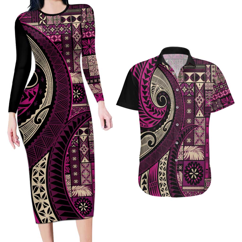 Vintage Samoa Siapo Mamanu Couples Matching Long Sleeve Bodycon Dress and Hawaiian Shirt Pink Samoan Tapa Motif LT9 Pink - Polynesian Pride