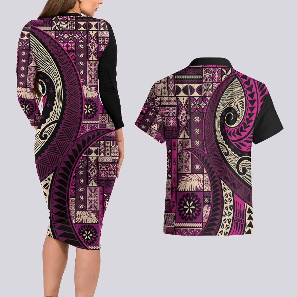 Vintage Samoa Siapo Mamanu Couples Matching Long Sleeve Bodycon Dress and Hawaiian Shirt Pink Samoan Tapa Motif LT9 - Polynesian Pride