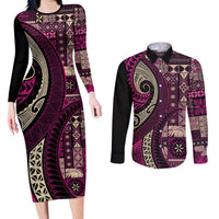 Vintage Samoa Siapo Mamanu Couples Matching Long Sleeve Bodycon Dress and Long Sleeve Button Shirt Pink Samoan Tapa Motif LT9 Pink - Polynesian Pride