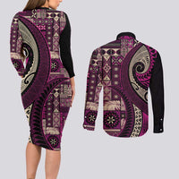 Vintage Samoa Siapo Mamanu Couples Matching Long Sleeve Bodycon Dress and Long Sleeve Button Shirt Pink Samoan Tapa Motif LT9 - Polynesian Pride