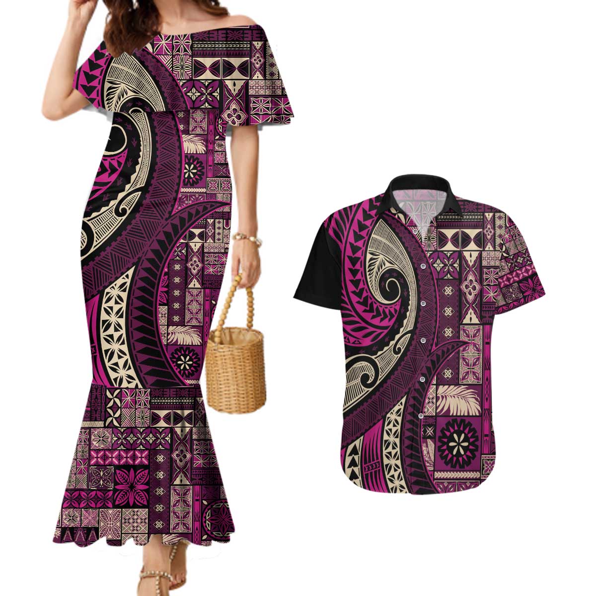 Vintage Samoa Siapo Mamanu Couples Matching Mermaid Dress and Hawaiian Shirt Pink Samoan Tapa Motif - Polynesian Pride