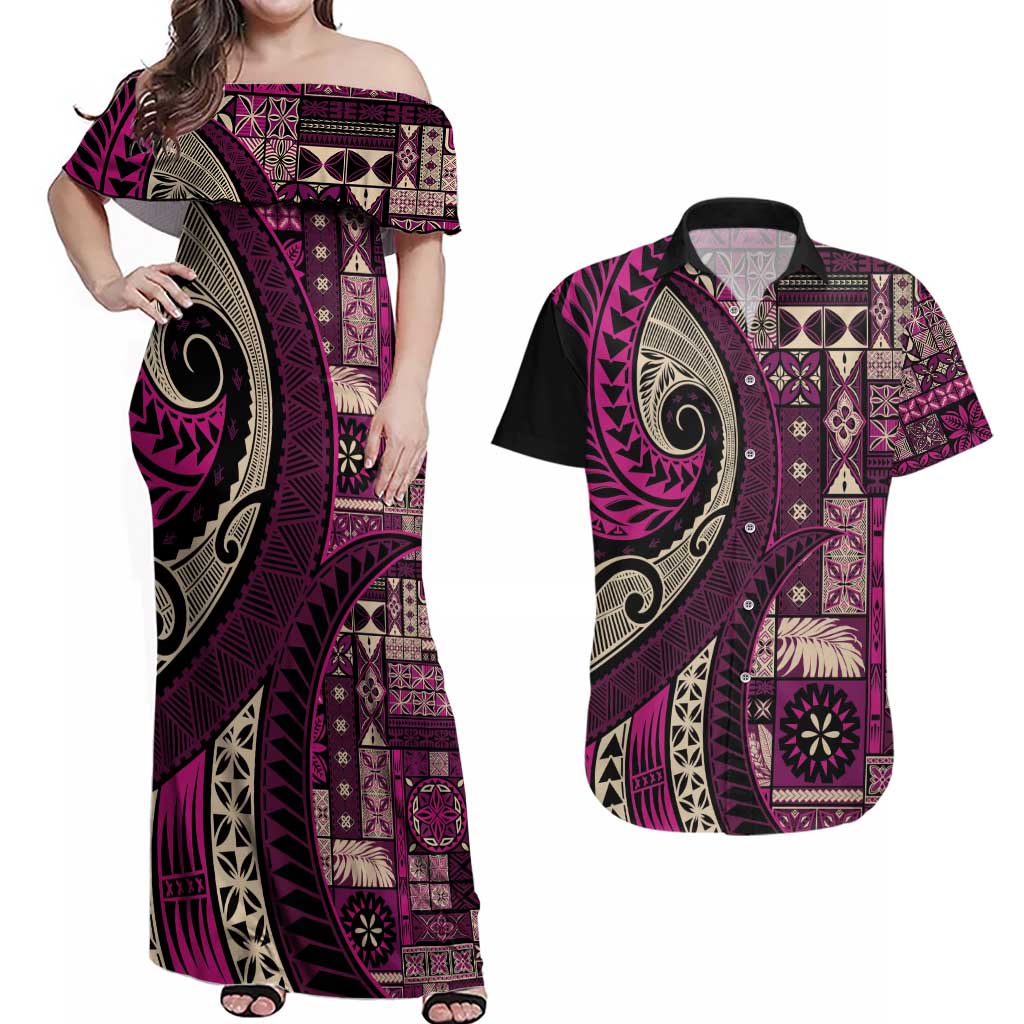 Vintage Samoa Siapo Mamanu Couples Matching Off Shoulder Maxi Dress and Hawaiian Shirt Pink Samoan Tapa Motif LT9 Pink - Polynesian Pride