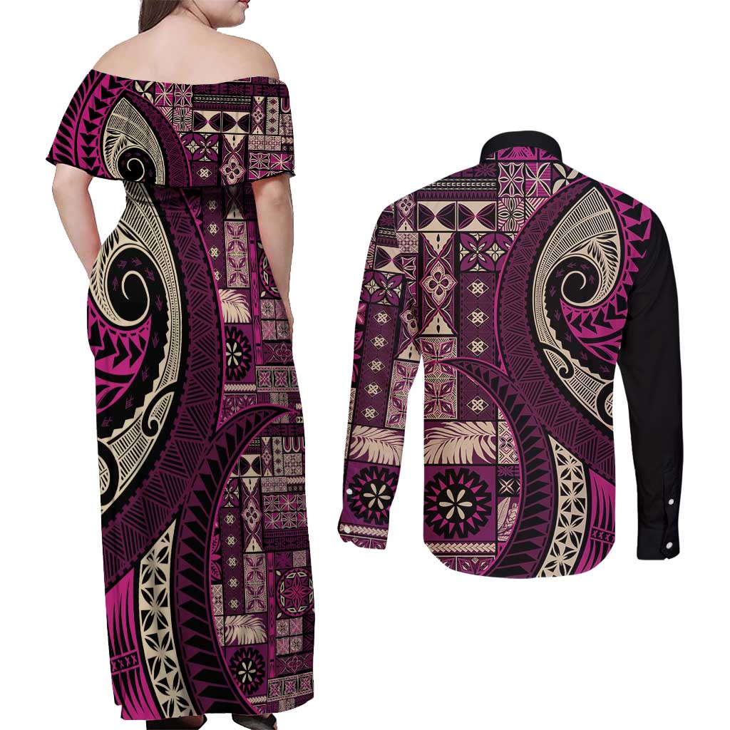 Vintage Samoa Siapo Mamanu Couples Matching Off Shoulder Maxi Dress and Long Sleeve Button Shirt Pink Samoan Tapa Motif LT9 - Polynesian Pride