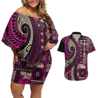 Vintage Samoa Siapo Mamanu Couples Matching Off Shoulder Short Dress and Hawaiian Shirt Pink Samoan Tapa Motif LT9 Pink - Polynesian Pride