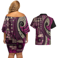 Vintage Samoa Siapo Mamanu Couples Matching Off Shoulder Short Dress and Hawaiian Shirt Pink Samoan Tapa Motif LT9 - Polynesian Pride