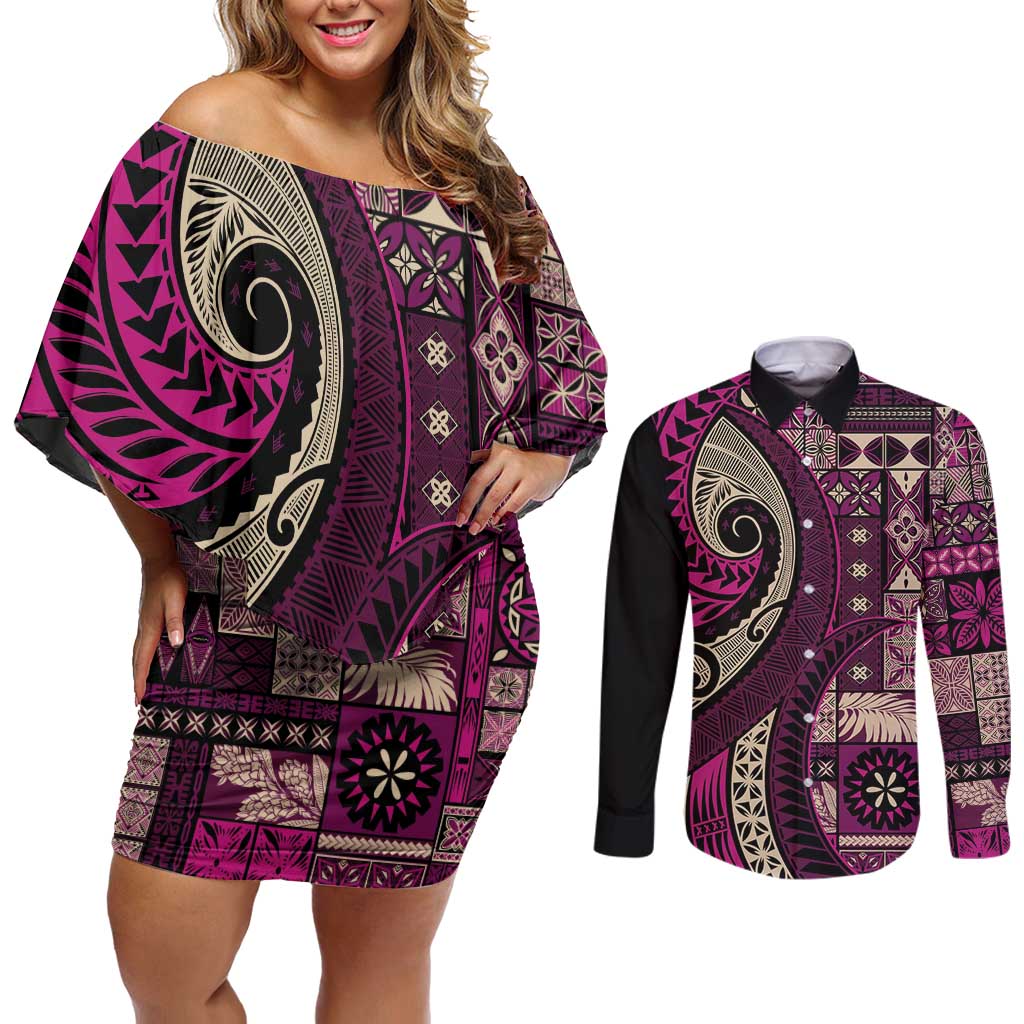 Vintage Samoa Siapo Mamanu Couples Matching Off Shoulder Short Dress and Long Sleeve Button Shirt Pink Samoan Tapa Motif - Polynesian Pride