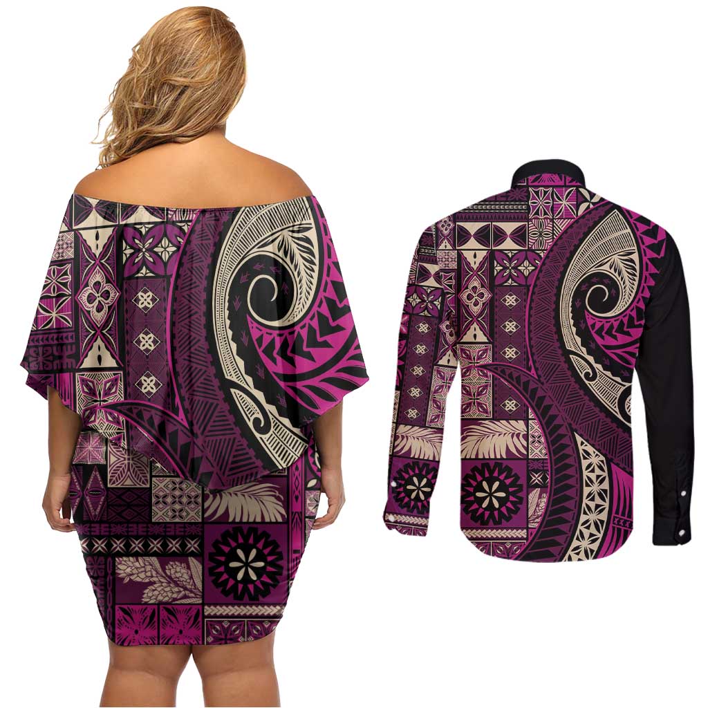 Vintage Samoa Siapo Mamanu Couples Matching Off Shoulder Short Dress and Long Sleeve Button Shirt Pink Samoan Tapa Motif LT9 - Polynesian Pride