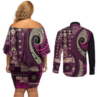 Vintage Samoa Siapo Mamanu Couples Matching Off Shoulder Short Dress and Long Sleeve Button Shirt Pink Samoan Tapa Motif LT9 - Polynesian Pride