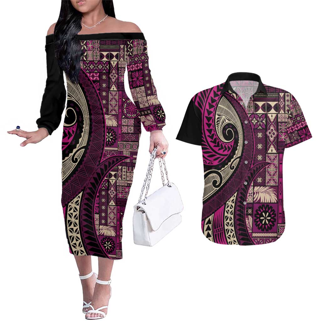 Vintage Samoa Siapo Mamanu Couples Matching Off The Shoulder Long Sleeve Dress and Hawaiian Shirt Pink Samoan Tapa Motif LT9 Pink - Polynesian Pride