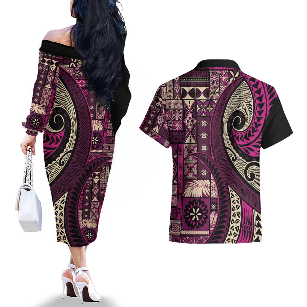 Vintage Samoa Siapo Mamanu Couples Matching Off The Shoulder Long Sleeve Dress and Hawaiian Shirt Pink Samoan Tapa Motif LT9 - Polynesian Pride