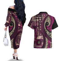 Vintage Samoa Siapo Mamanu Couples Matching Off The Shoulder Long Sleeve Dress and Hawaiian Shirt Pink Samoan Tapa Motif LT9 - Polynesian Pride