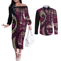 Vintage Samoa Siapo Mamanu Couples Matching Off The Shoulder Long Sleeve Dress and Long Sleeve Button Shirt Pink Samoan Tapa Motif LT9 Pink - Polynesian Pride