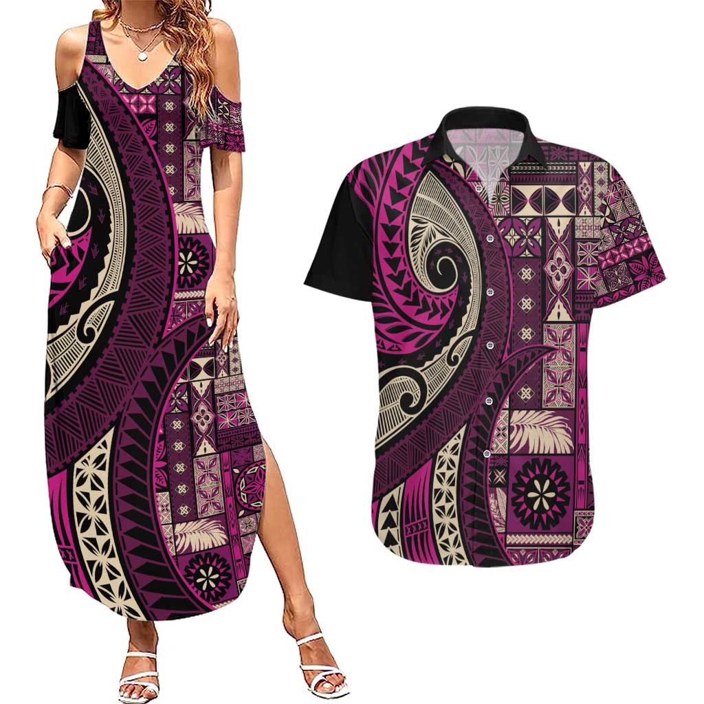 Vintage Samoa Siapo Mamanu Couples Matching Summer Maxi Dress and Hawaiian Shirt Pink Samoan Tapa Motif LT9 Pink - Polynesian Pride