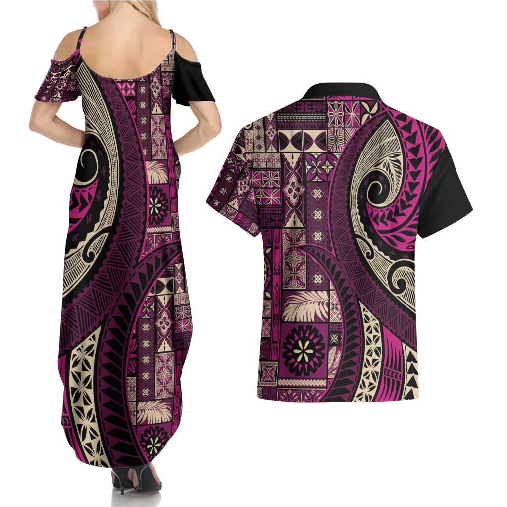 Vintage Samoa Siapo Mamanu Couples Matching Summer Maxi Dress and Hawaiian Shirt Pink Samoan Tapa Motif LT9 - Polynesian Pride