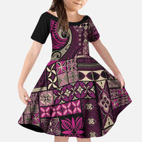 Vintage Samoa Siapo Mamanu Family Matching Long Sleeve Bodycon Dress and Hawaiian Shirt Pink Samoan Tapa Motif LT9 Daughter's Dress Pink - Polynesian Pride