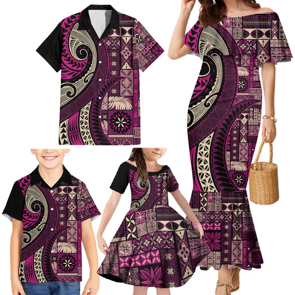 Vintage Samoa Siapo Mamanu Family Matching Mermaid Dress and Hawaiian Shirt Pink Samoan Tapa Motif LT9 - Polynesian Pride