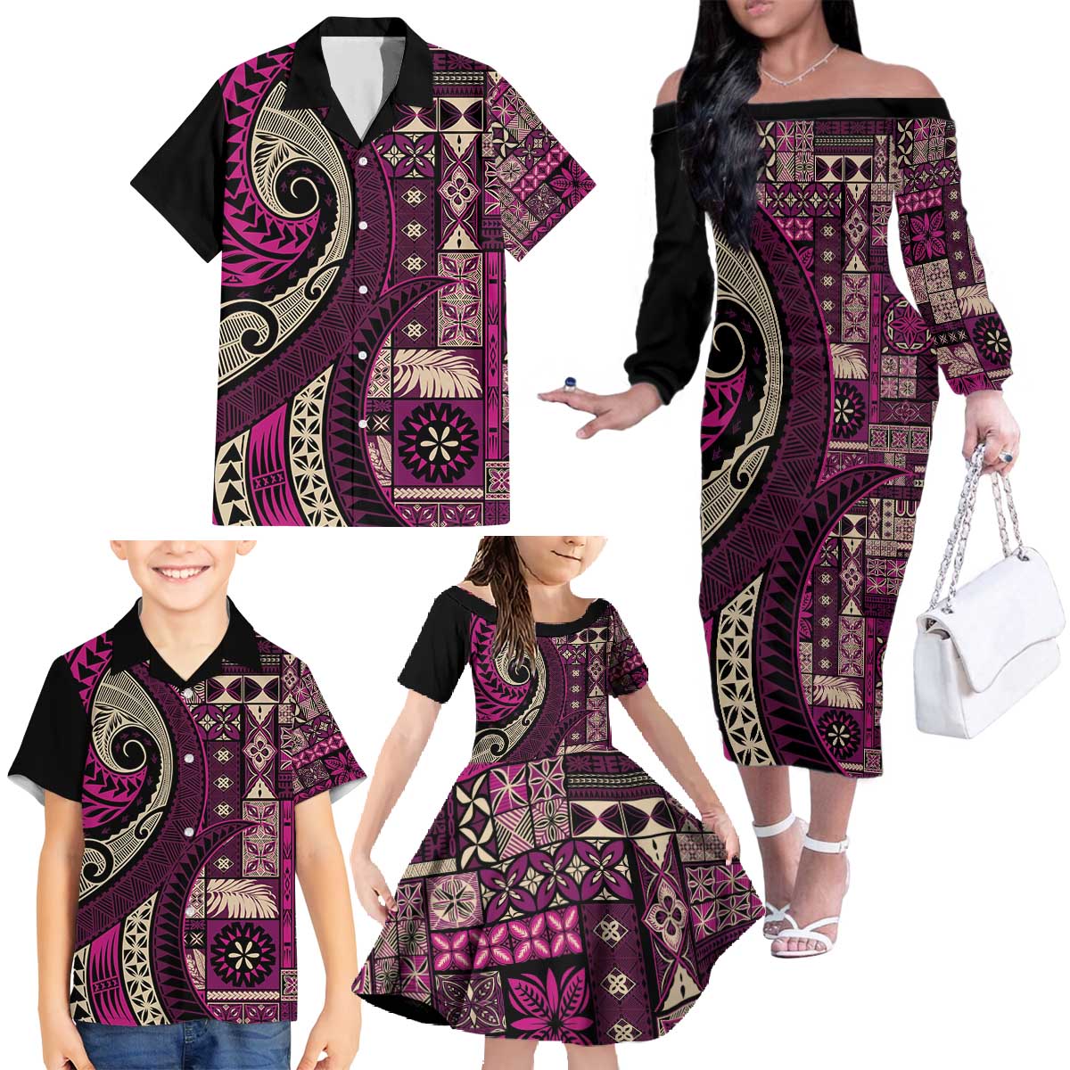 Vintage Samoa Siapo Mamanu Family Matching Off The Shoulder Long Sleeve Dress and Hawaiian Shirt Pink Samoan Tapa Motif LT9 - Polynesian Pride