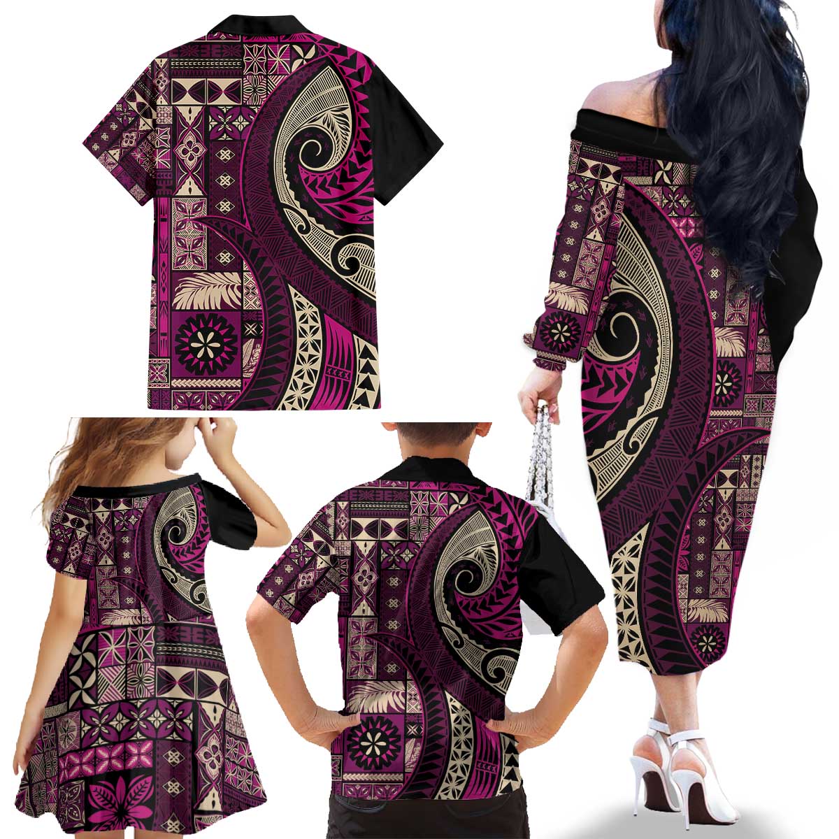 Vintage Samoa Siapo Mamanu Family Matching Off The Shoulder Long Sleeve Dress and Hawaiian Shirt Pink Samoan Tapa Motif LT9 - Polynesian Pride