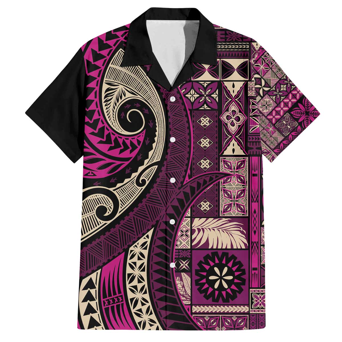 Vintage Samoa Siapo Mamanu Family Matching Off The Shoulder Long Sleeve Dress and Hawaiian Shirt Pink Samoan Tapa Motif LT9 Dad's Shirt - Short Sleeve Pink - Polynesian Pride