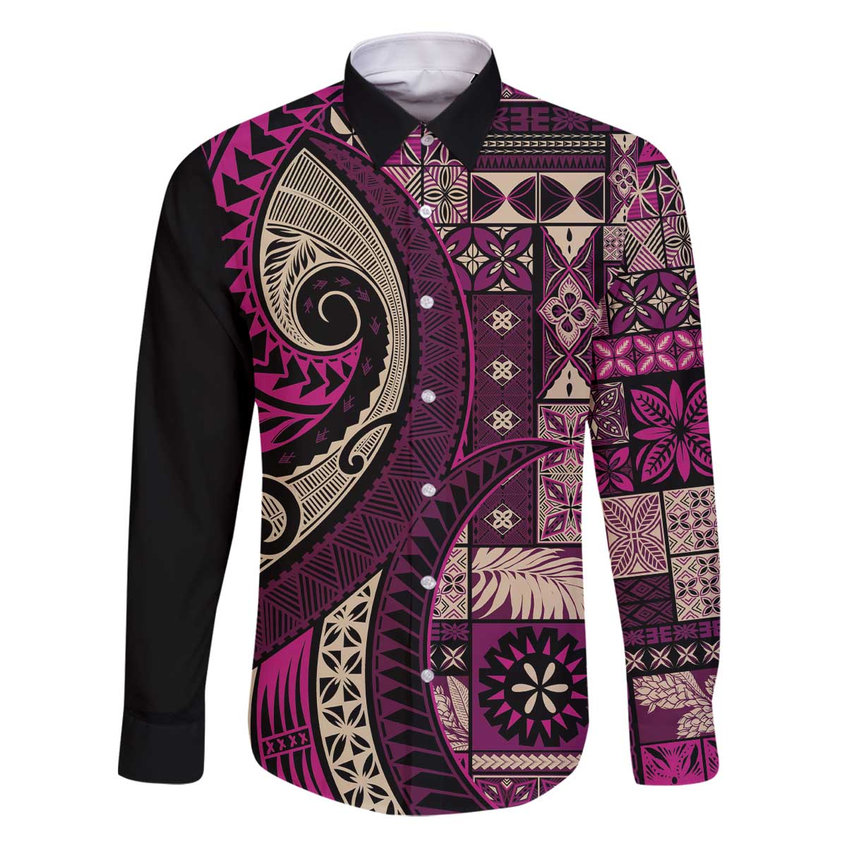 Vintage Samoa Siapo Mamanu Family Matching Off The Shoulder Long Sleeve Dress and Hawaiian Shirt Pink Samoan Tapa Motif LT9 Dad's Shirt - Long Sleeve Pink - Polynesian Pride
