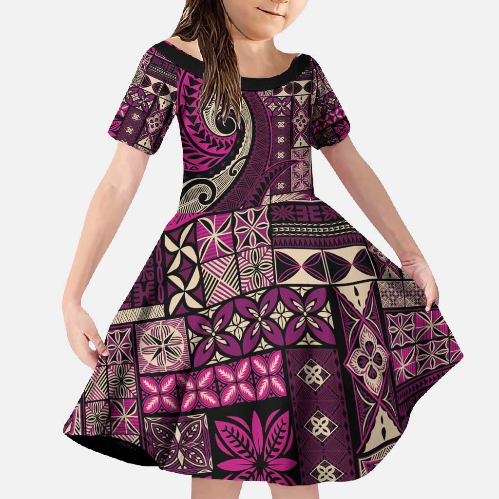 Vintage Samoa Siapo Mamanu Family Matching Off Shoulder Maxi Dress and Hawaiian Shirt Pink Samoan Tapa Motif LT9 Daughter's Dress Pink - Polynesian Pride