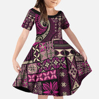 Vintage Samoa Siapo Mamanu Family Matching Off Shoulder Maxi Dress and Hawaiian Shirt Pink Samoan Tapa Motif LT9 Daughter's Dress Pink - Polynesian Pride