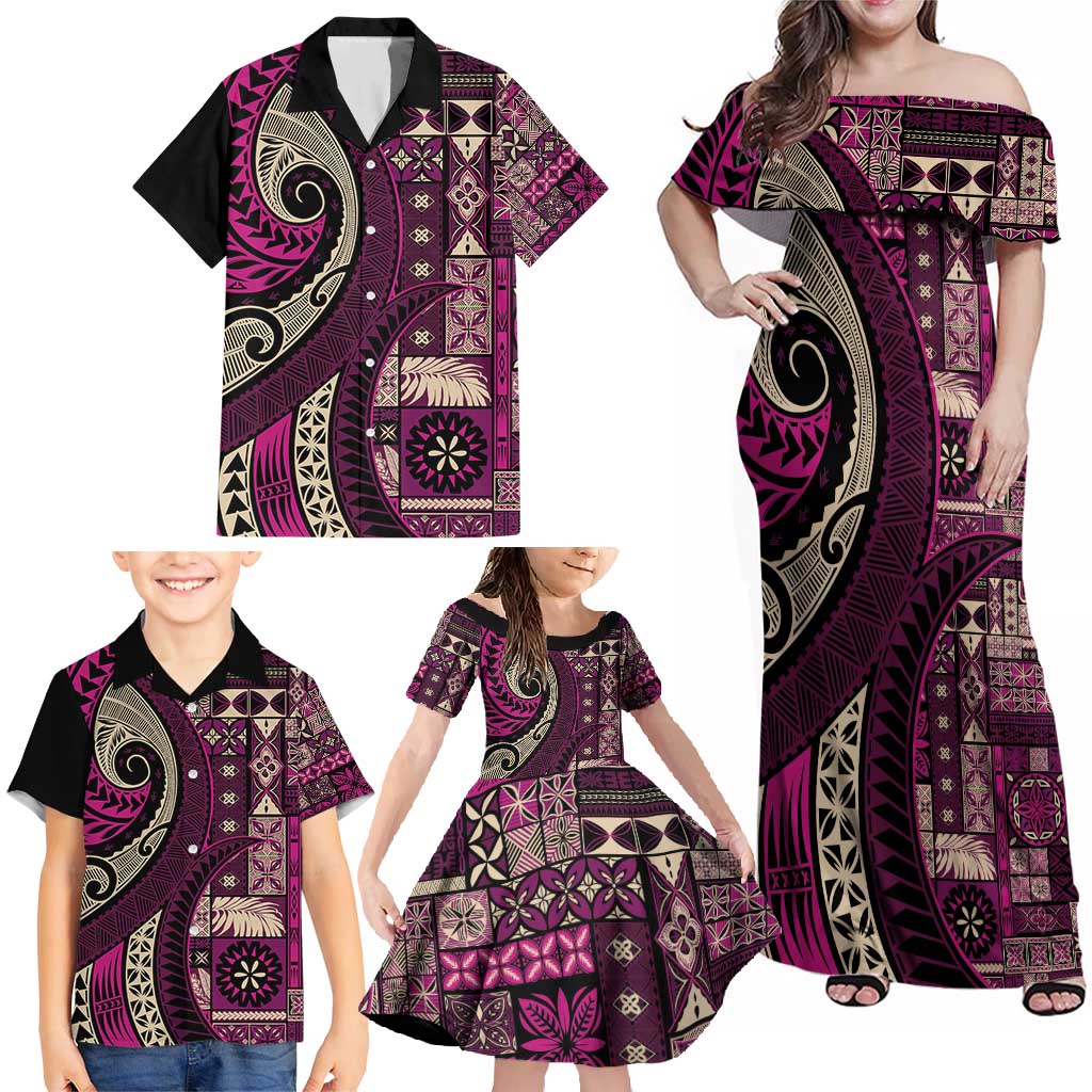 Vintage Samoa Siapo Mamanu Family Matching Off Shoulder Maxi Dress and Hawaiian Shirt Pink Samoan Tapa Motif - Polynesian Pride