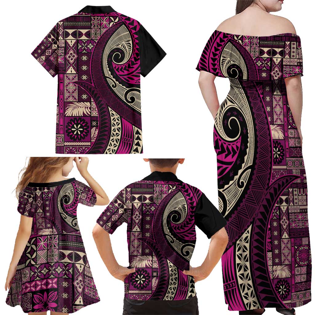 Vintage Samoa Siapo Mamanu Family Matching Off Shoulder Maxi Dress and Hawaiian Shirt Pink Samoan Tapa Motif LT9 - Polynesian Pride