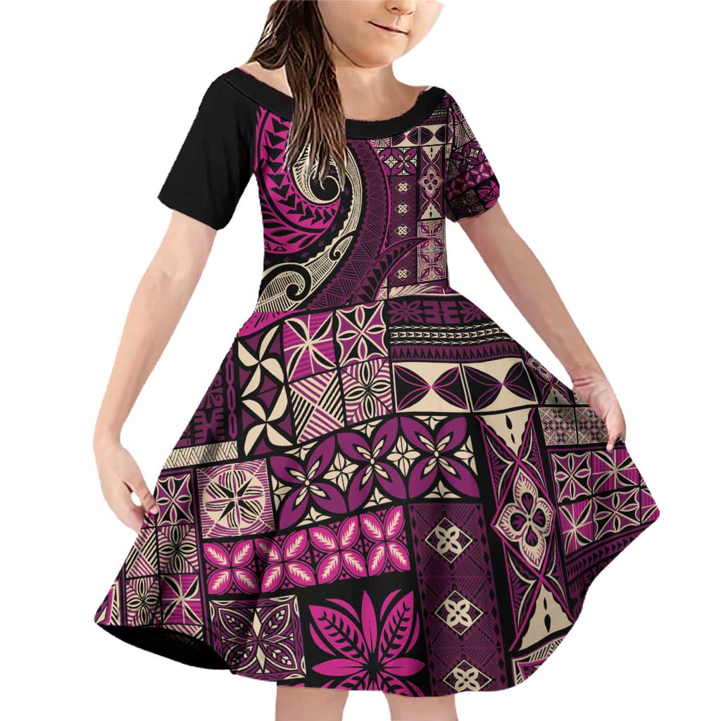 Vintage Samoa Siapo Mamanu Family Matching Off Shoulder Short Dress and Hawaiian Shirt Pink Samoan Tapa Motif LT9 Daughter's Dress Pink - Polynesian Pride
