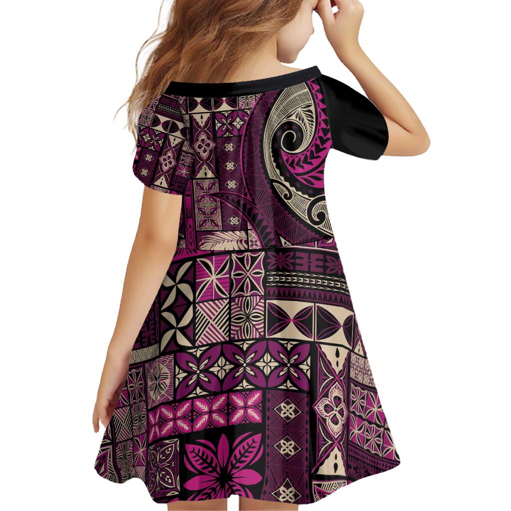 Vintage Samoa Siapo Mamanu Family Matching Off Shoulder Short Dress and Hawaiian Shirt Pink Samoan Tapa Motif LT9 - Polynesian Pride
