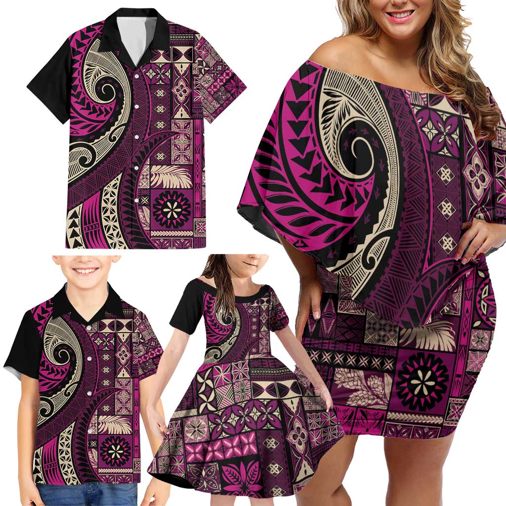 Vintage Samoa Siapo Mamanu Family Matching Off Shoulder Short Dress and Hawaiian Shirt Pink Samoan Tapa Motif LT9 - Polynesian Pride