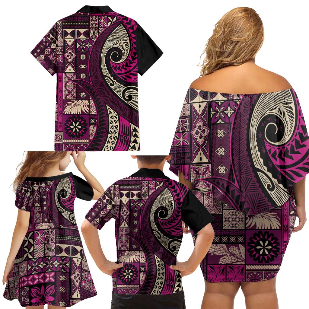 Vintage Samoa Siapo Mamanu Family Matching Off Shoulder Short Dress and Hawaiian Shirt Pink Samoan Tapa Motif LT9 - Polynesian Pride