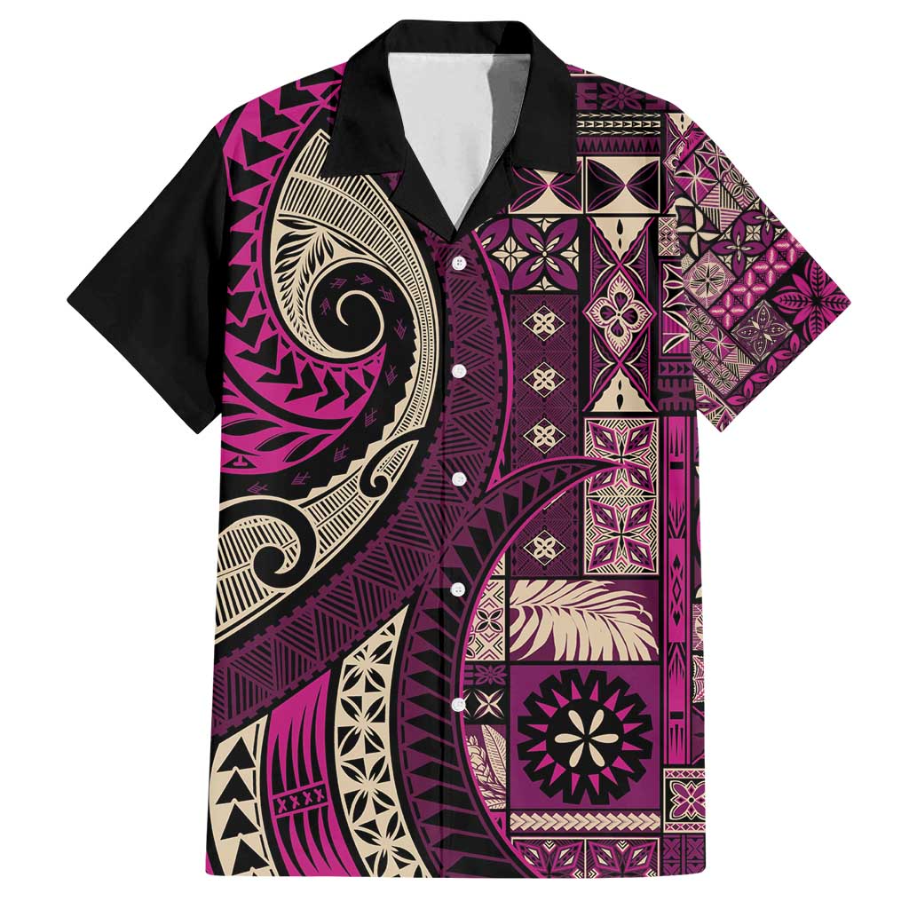 Vintage Samoa Siapo Mamanu Family Matching Off Shoulder Short Dress and Hawaiian Shirt Pink Samoan Tapa Motif LT9 Dad's Shirt - Short Sleeve Pink - Polynesian Pride