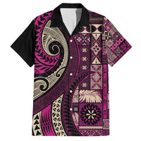 Vintage Samoa Siapo Mamanu Family Matching Off Shoulder Short Dress and Hawaiian Shirt Pink Samoan Tapa Motif LT9 Dad's Shirt - Short Sleeve Pink - Polynesian Pride
