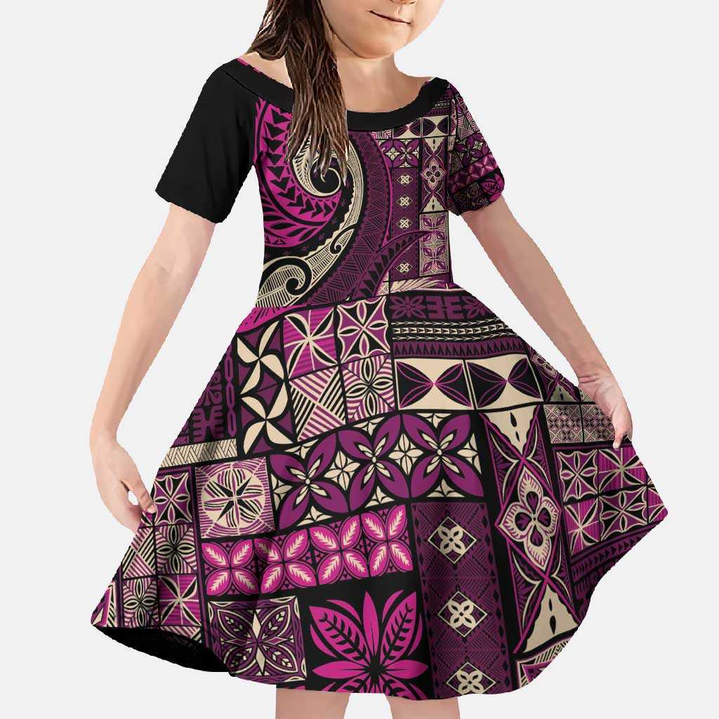 Vintage Samoa Siapo Mamanu Family Matching Short Sleeve Bodycon Dress and Hawaiian Shirt Pink Samoan Tapa Motif LT9 Daughter's Dress Pink - Polynesian Pride