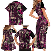 Vintage Samoa Siapo Mamanu Family Matching Short Sleeve Bodycon Dress and Hawaiian Shirt Pink Samoan Tapa Motif LT9 - Polynesian Pride