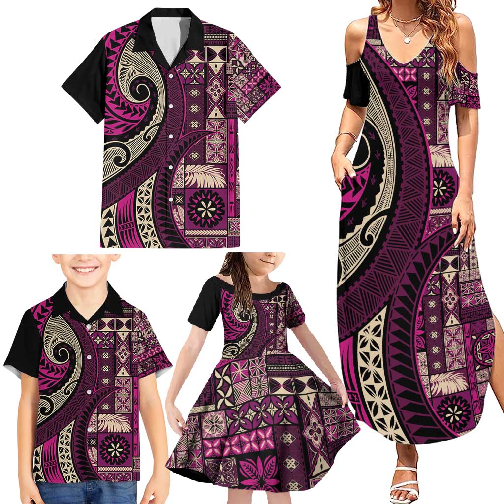 Vintage Samoa Siapo Mamanu Family Matching Summer Maxi Dress and Hawaiian Shirt Pink Samoan Tapa Motif LT9 - Polynesian Pride