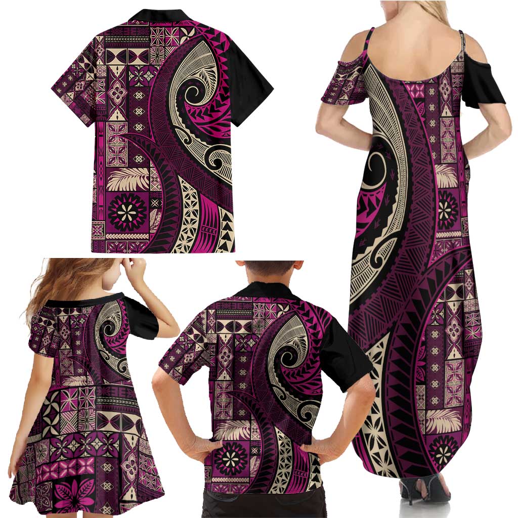 Vintage Samoa Siapo Mamanu Family Matching Summer Maxi Dress and Hawaiian Shirt Pink Samoan Tapa Motif LT9 - Polynesian Pride