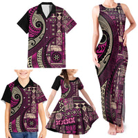 Vintage Samoa Siapo Mamanu Family Matching Tank Maxi Dress and Hawaiian Shirt Pink Samoan Tapa Motif LT9 - Polynesian Pride