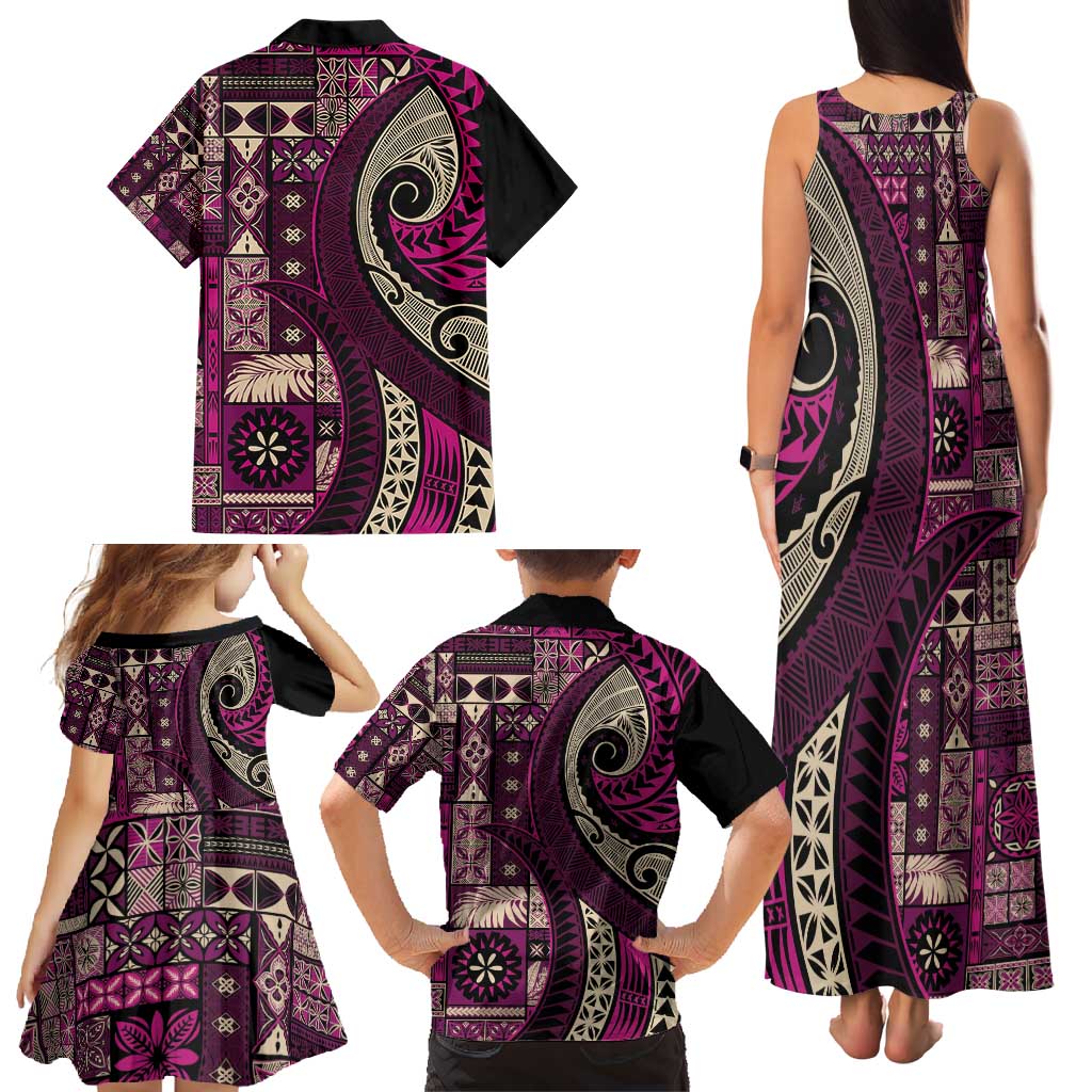 Vintage Samoa Siapo Mamanu Family Matching Tank Maxi Dress and Hawaiian Shirt Pink Samoan Tapa Motif LT9 - Polynesian Pride