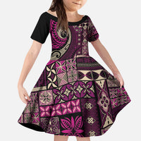 Vintage Samoa Siapo Mamanu Kid Short Sleeve Dress Pink Samoan Tapa Motif - Polynesian Pride