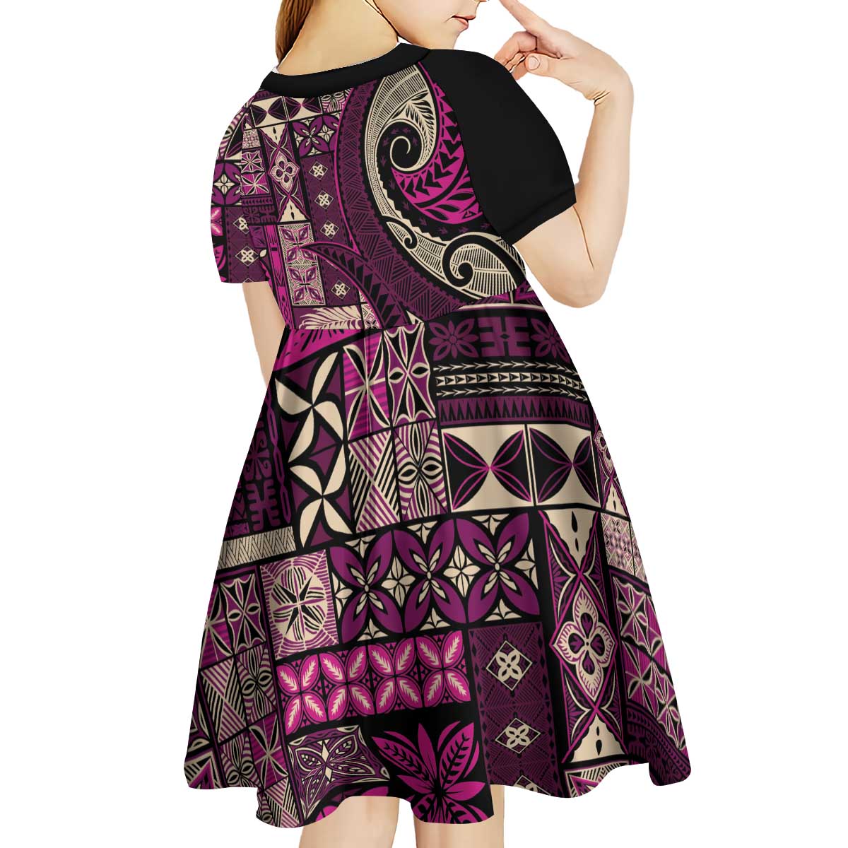 Vintage Samoa Siapo Mamanu Kid Short Sleeve Dress Pink Samoan Tapa Motif - Polynesian Pride