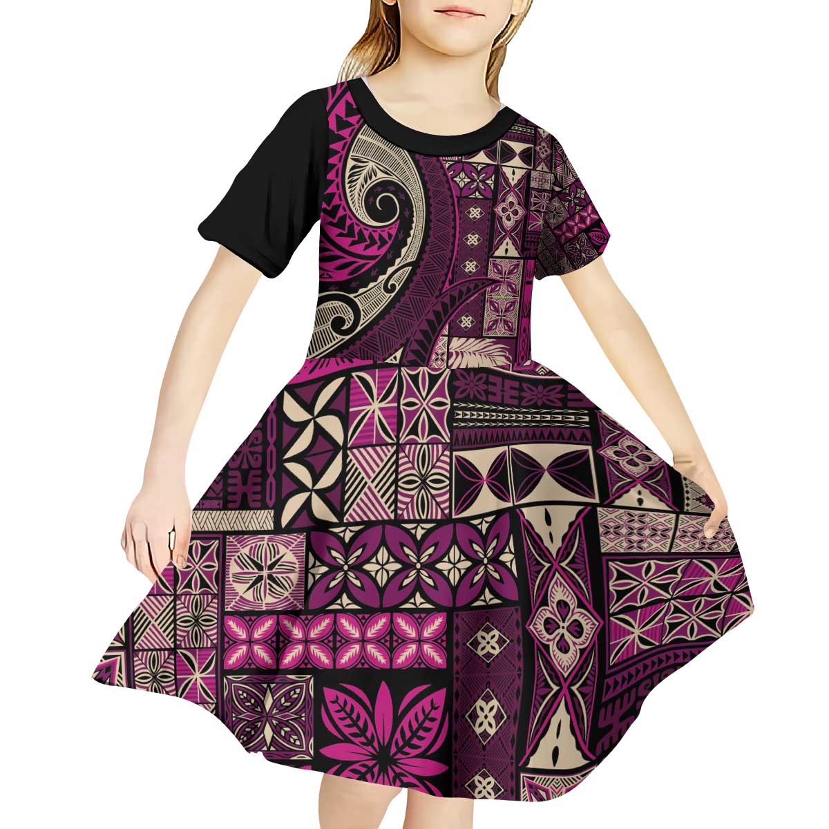 Vintage Samoa Siapo Mamanu Kid Short Sleeve Dress Pink Samoan Tapa Motif - Polynesian Pride