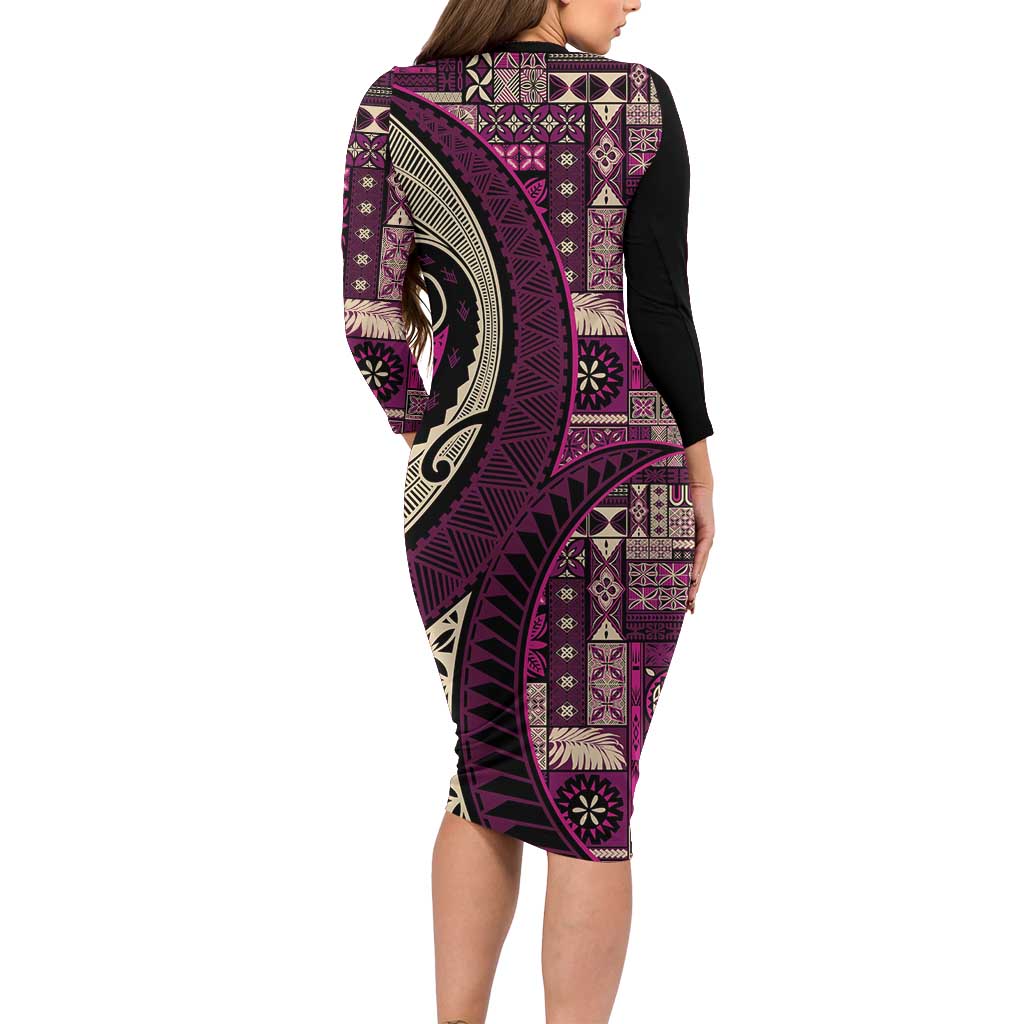Vintage Samoa Siapo Mamanu Long Sleeve Bodycon Dress Pink Samoan Tapa Motif LT9 - Polynesian Pride