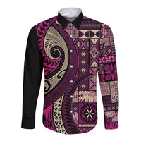 Vintage Samoa Siapo Mamanu Long Sleeve Button Shirt Pink Samoan Tapa Motif - Polynesian Pride