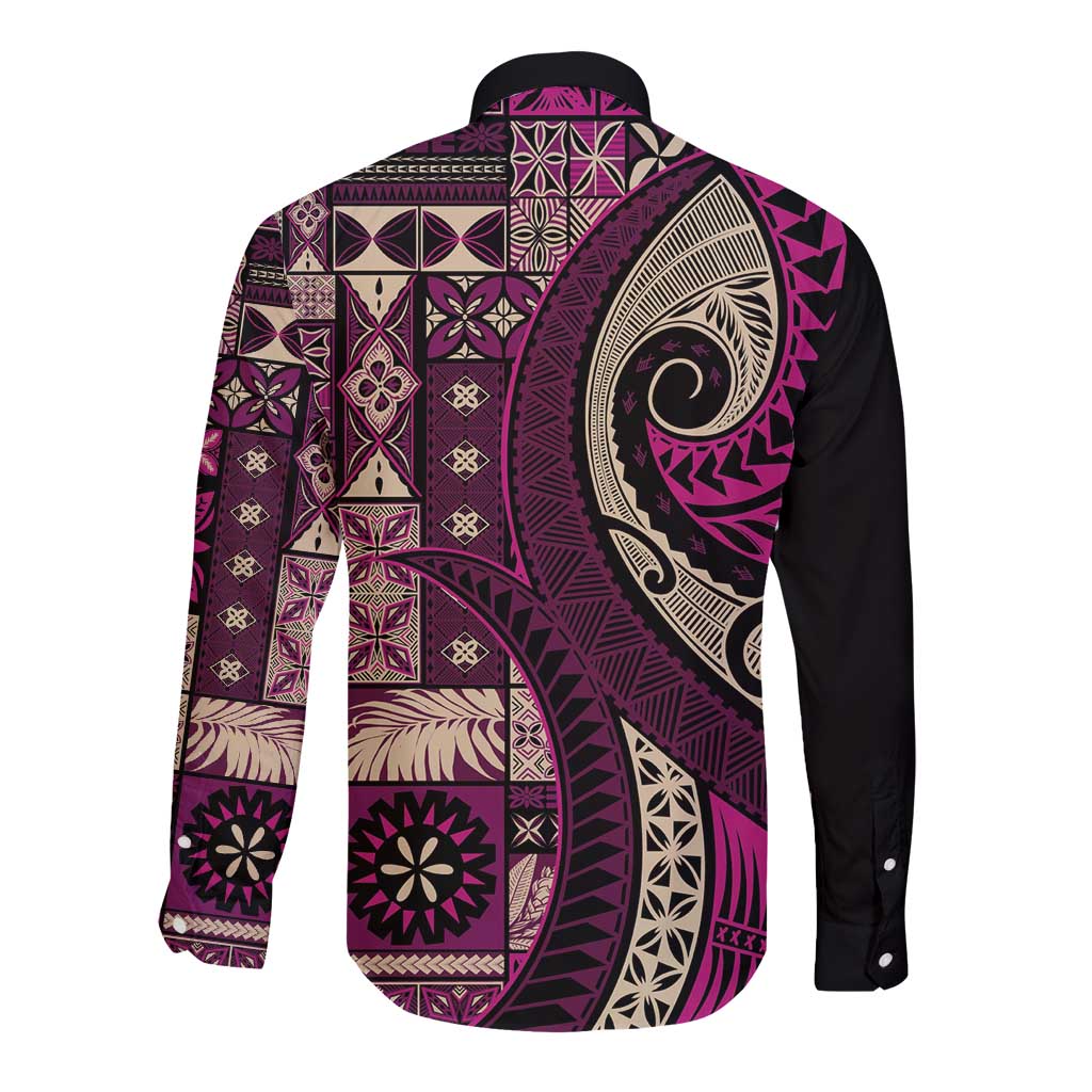Vintage Samoa Siapo Mamanu Long Sleeve Button Shirt Pink Samoan Tapa Motif - Polynesian Pride