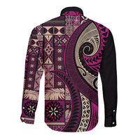 Vintage Samoa Siapo Mamanu Long Sleeve Button Shirt Pink Samoan Tapa Motif - Polynesian Pride